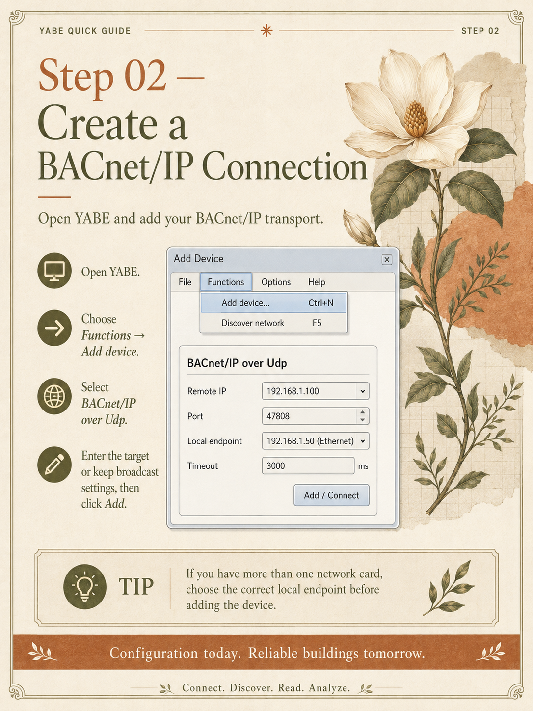 Step 2: create a BACnet IP connection in YABE
