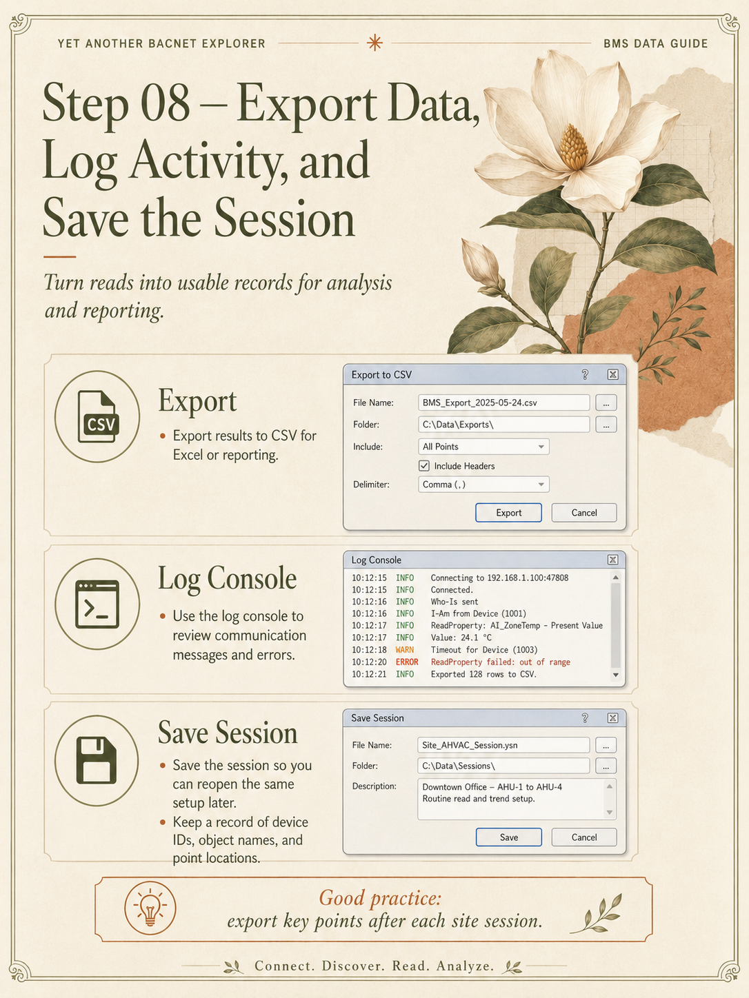 Step 8: export BACnet data, review logs and save the YABE session