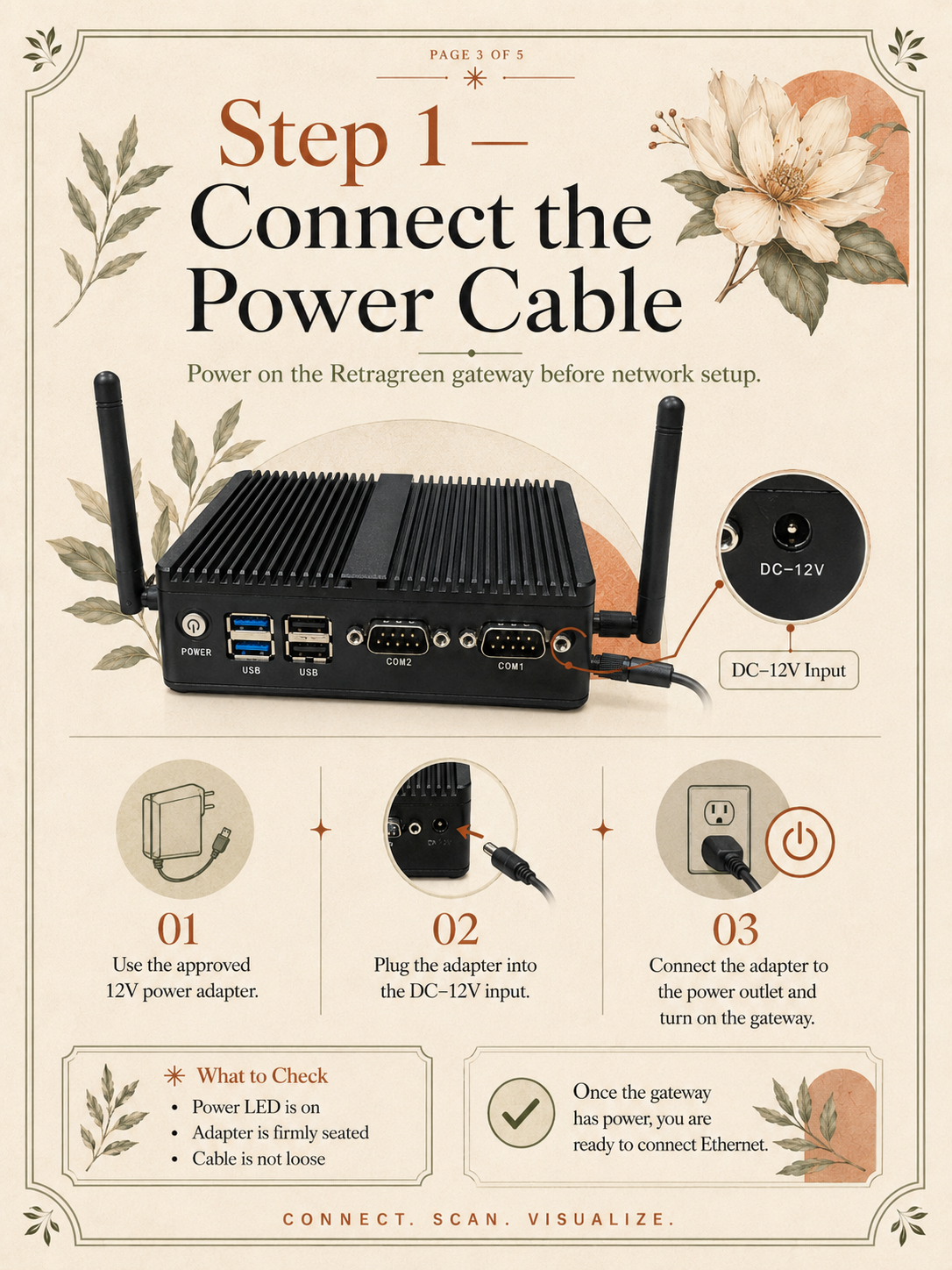 Step 1: connect the approved 12 volt power adapter and turn on the Retragreen gateway