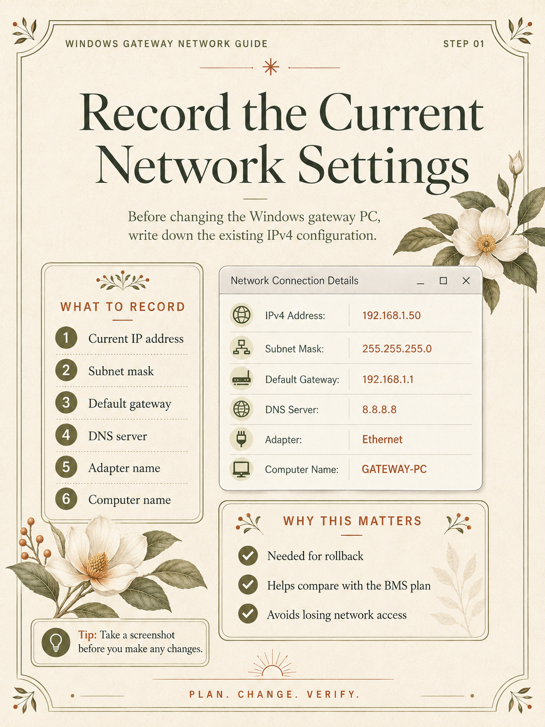 Step 1: record the current Windows IPv4 address, subnet mask, gateway, DNS and adapter details