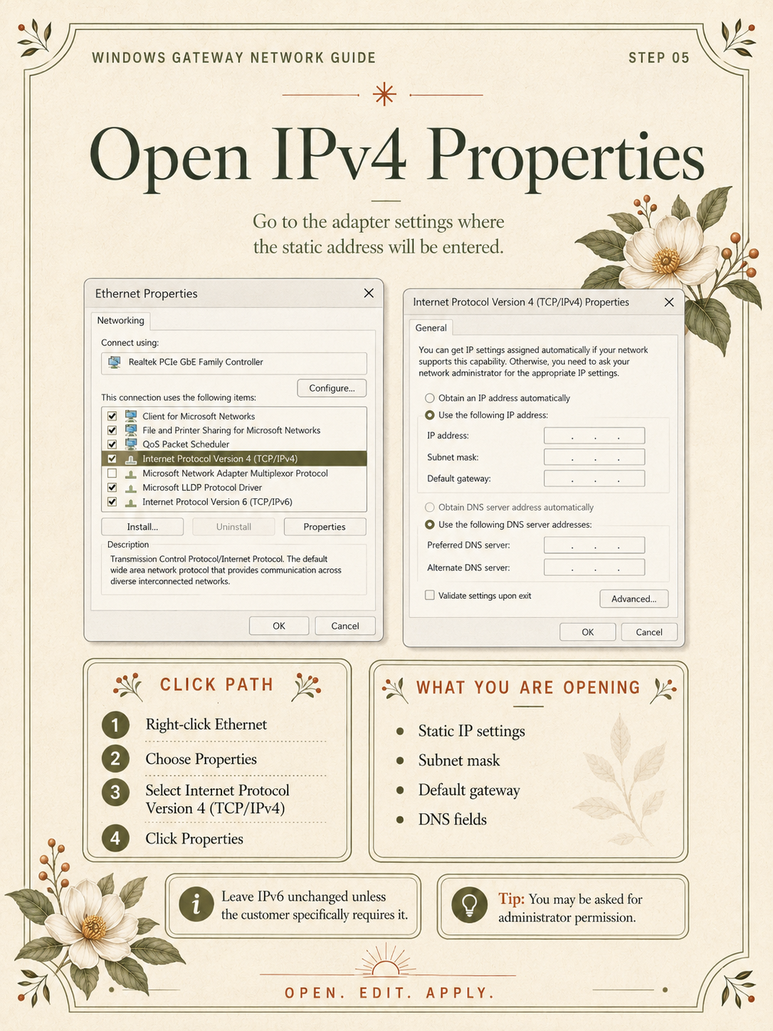 Step 5: open Internet Protocol Version 4 properties for the selected Ethernet adapter