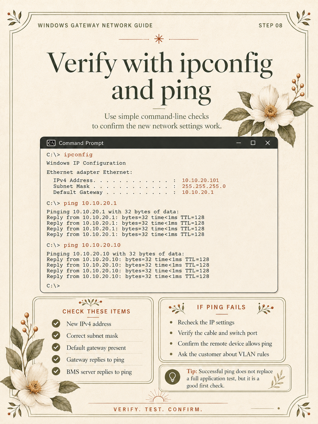Step 8: verify the new gateway network settings with ipconfig and ping